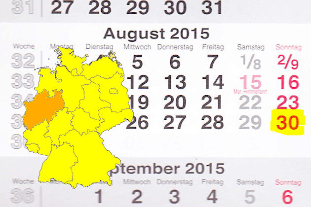 In Nordrhein-Westfalen laden am 30.08.2015 die Orte Bad Laaspe, Bielefeld, Brilon, Detmold, Duisburg, Essen, Hamminkeln, Herten, Kalkar, Neukirchen-Vluyn, Salzkotten, Sassenberg, Viersen, Warstein, Wassenberg, Wermelskirchen und Wuppertal (teilweise) zum 