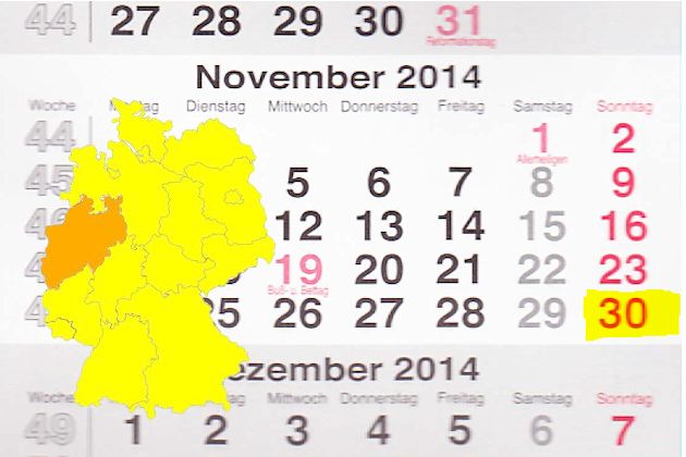 In Nordrhein-Westfalen laden am 30.11.2014 die Orte Bad Driburg, Bochum, Duisburg, Essen, Freudenberg, Harsewinkel, Hennef (Sieg), Herdecke, Kleve, Köln, Leichlingen, Leverkusen, Lüdenscheid, Lünen, Mülheim/ Ruhr, Neuss, Oberhausen, Recklinghausen, Un