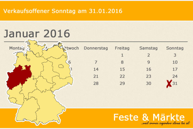 In Nordrhein-Westfalen haben wir für den 31.01.2016 leider keine regulären verkaufsoffenen Sonntage gefunden, dafür haben wir aber spezielle Shoppingtipps für Dortmund, Düsseldorf, Essen und Köln sowie für die grenznahen Regionen.