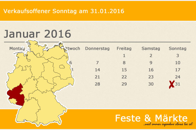 In Rheinland-Pfalz laden am 31.01.2016 die Orte Neuwied, Mutterstadt, Bellheim, Schweich und Zweibrücken zum verkaufsoffenen Sonntag ein.