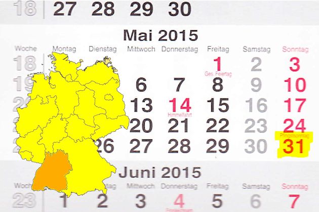 In Baden-Württemberg laden am 31.05.2015 die Orte Blaubeuren, Ketsch und Neuenstadt am Kocher (teilweise) zum verkaufsoffenen Sonntag ein.