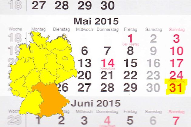 In Bayern laden am 31.05.2015 die Orte Allersberg, Bad Füssing, Peißenberg und Zwiesel (teilweise) zum verkaufsoffenen Sonntag ein.