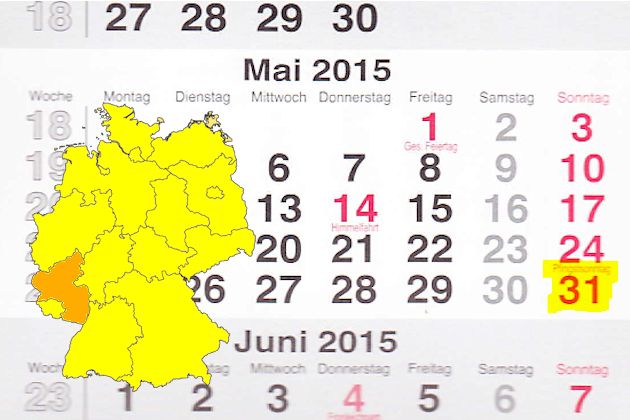 In Rheinland-Pfalz laden am 31.05.2015 die Orte Bad Neuenahr-Ahrweiler, Heiligenroth, Idar-Oberstein, Mainz, Rodalben, Weilerbach und Zweibrücken (teilweise) zum verkaufsoffenen Sonntag ein.