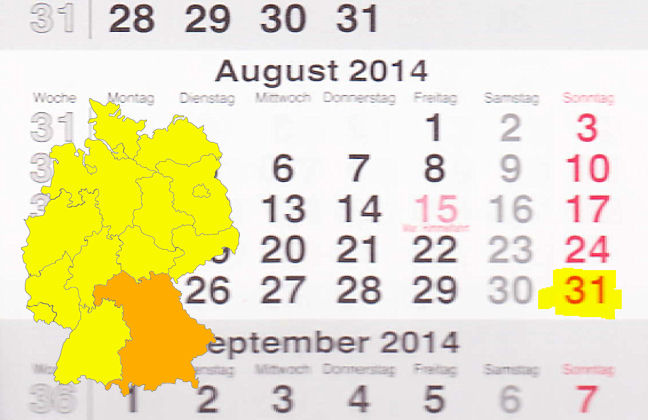 In Bayern laden am 31.08.2014 die Orte Krumbach, Münnerstadt, Petersaurach, Scheinfeld, Schwarzenbach am Wald, Stein, Sünching und Weisendorf zum verkaufsoffenen Sonntag ein.