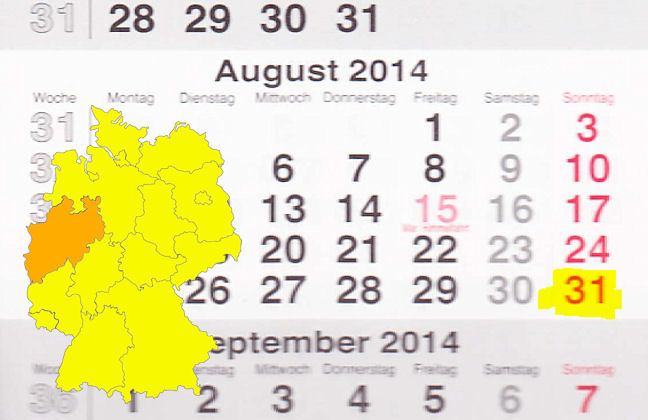 In Nordrhein-Westfalen laden am 31.08.2014 die Orte Bad Laaspe, Brilon, Essen, Gummersbach, Hagen, Hamminkeln, Herten, Kamen, Leichlingen, Plettenberg, Salzkotten, Schalksmühle, Schmallenberg, Viersen, Vlotho und Wermelskirchen zum verkaufsoffenen Sonnta