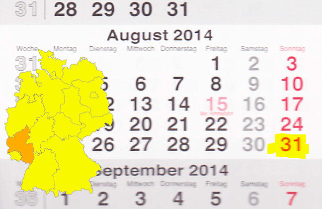 In Rheinland-Pfalz laden am 31.08.2014 die Orte Adenau, Bingen am Rhein, Schifferstadt und Zweibrücken zum verkaufsoffenen Sonntag ein.
