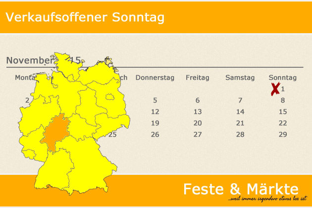 In Hessen laden am 01.11.2015 (Allerheiligen) die Orte Baunatal, Dietzenbach, Egelsbach, Eltville am Rhein, Gelnhausen, Gründau, Haiger, Kassel, Korbach, Langenselbold, Lauterbach (Hessen), Neu-Isenburg, Nidda und Schwalmstadt (teilweise) zum verkaufsoff