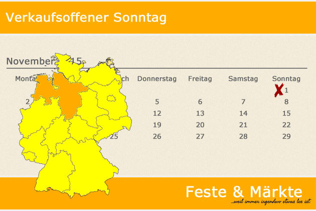 In Niedersachsen laden am 01.11.2015 (Allerheiligen) die Orte Bad Bederkesa, Bad Pyrmont, Bockhorn, Bramsche, Braunschweig, Buchholz in der Nordheide, Bückeburg, Buxtehude, Celle, Cuxhaven, Einbeck, Emden, Goslar, Hannover, Hesel, Holzminden, Lamstedt, L