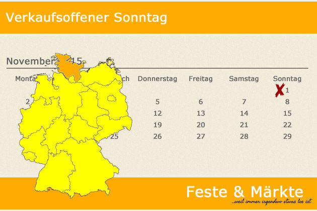 In Schleswig-Holstein laden am 01.11.2015 (Allerheiligen) die Orte Bad Oldesloe, Bad Segeberg, Brunsbüttel, Eckernförde, Elmshorn, Flensburg, Geesthacht, Kaltenkirchen, Lauenburg/Elbe, Lübeck, Meldorf, Mölln, Rendsburg und Schwentinental (teilweise) z